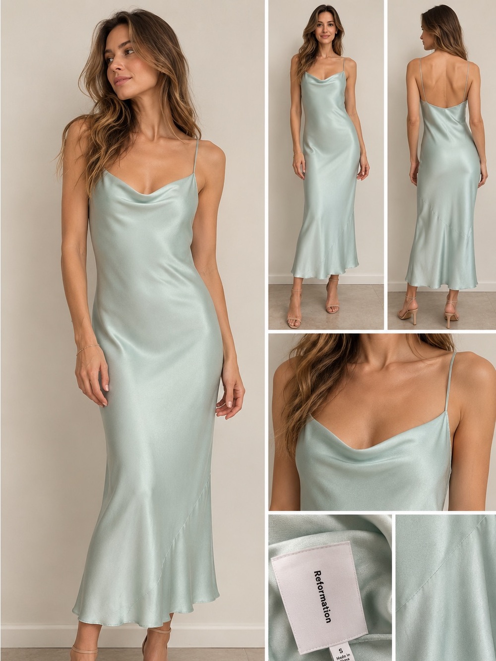 Reformation Cardi Silk Dress Sea Foam S